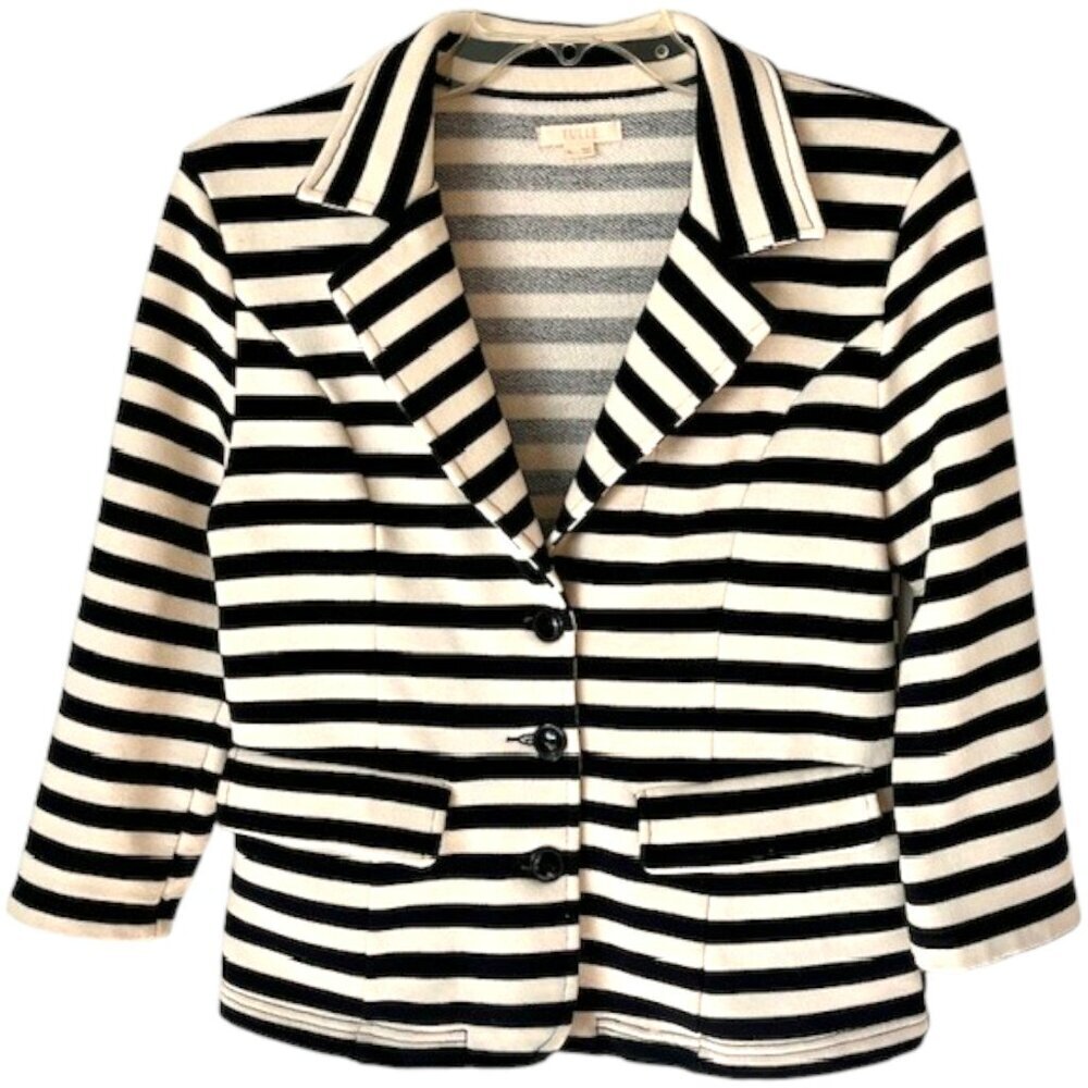 Tulle for Anthropologie Knit Striped 3-Button Blazer - Black/Off-White - L